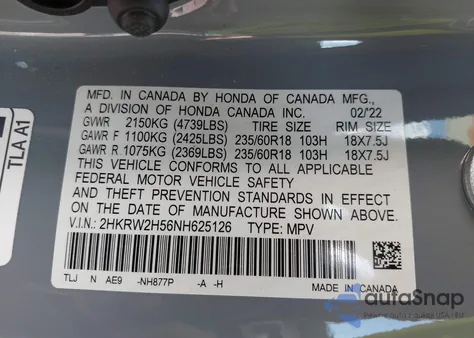 2022 Honda Cr-V Awd Ex из США, поврежденный, VIN 2HKRW2H56NH625126